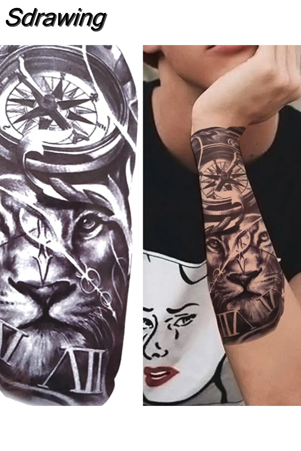 Sdrawing Tiger Temporary Tattoos For Men Women Kids Lion Skull Cross Tattoo Sticker Black Compass Skeleton Tatoos Leg Thigh 1103 715-0