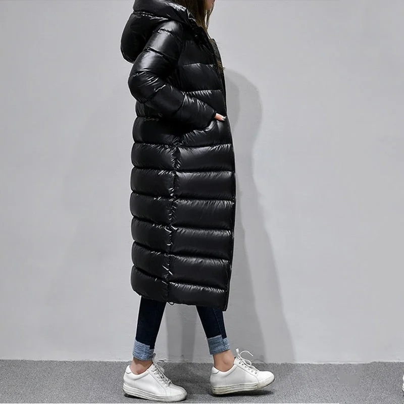 FTLZZ New Winter Women Black Hooded Long Down Coat Casual Female Thickness Warm Loose Zipper Parka Windproof Snow Outwear