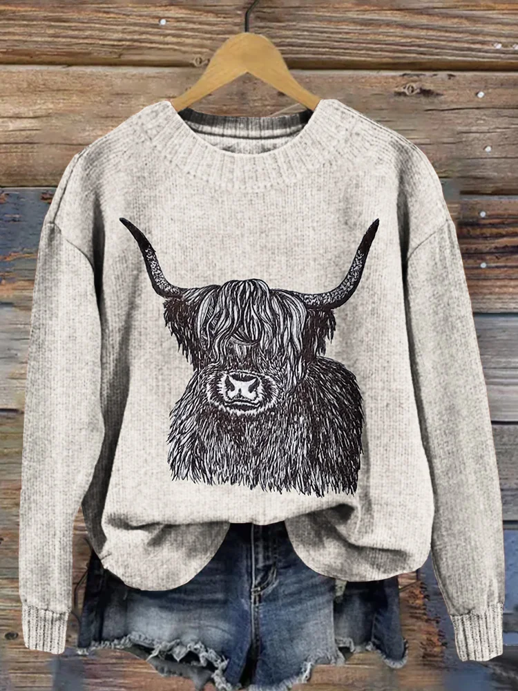 VChics Highland Cow Embroidery Art Pattern Cozy Knit Sweater