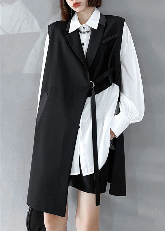 DIY Black PeterPan Collar Pockets asymmetrical design Fall Sleeveless Waistcoat