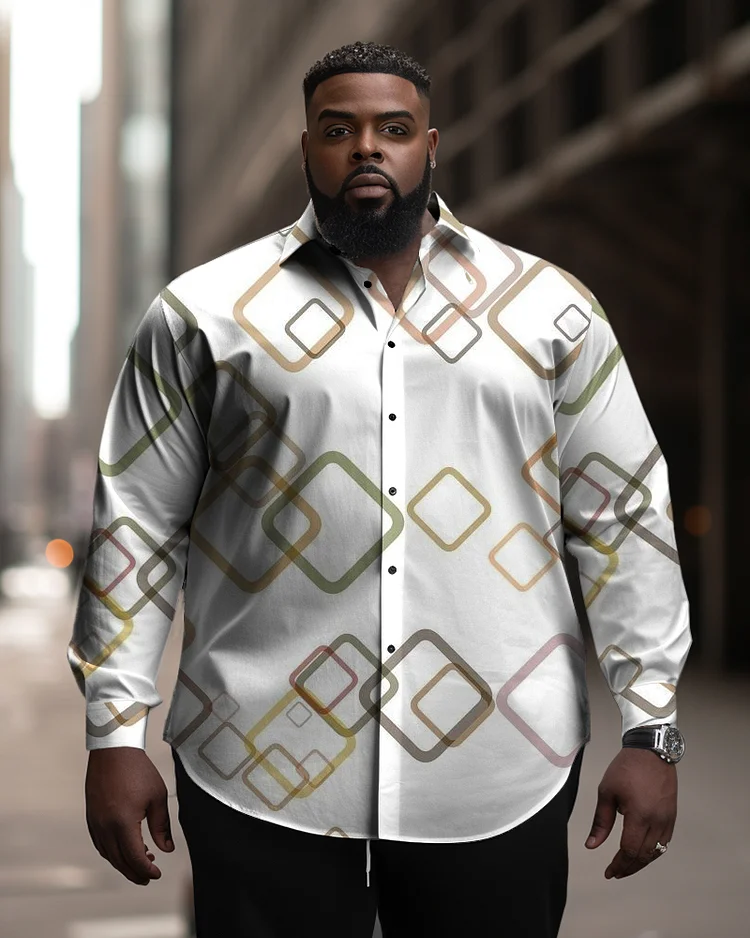 Men's Plus Size Casual White Square Long Sleeve Lapel Long Sleeve Shirt