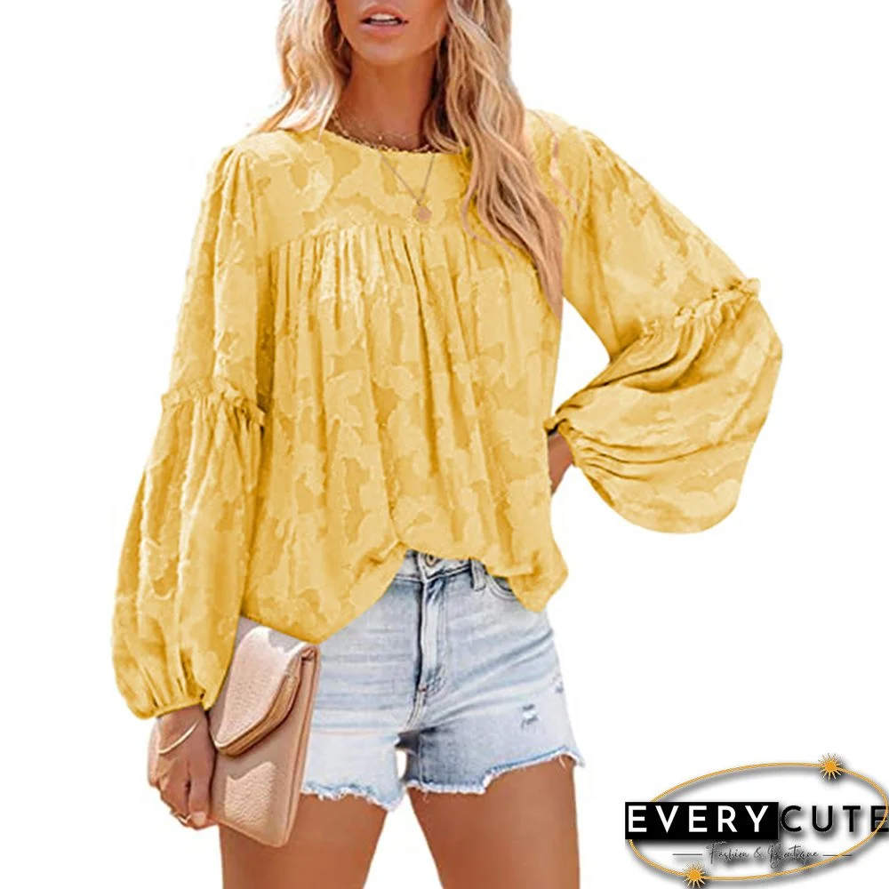 Yellow Jacquard Puff Long Sleeve Blouse