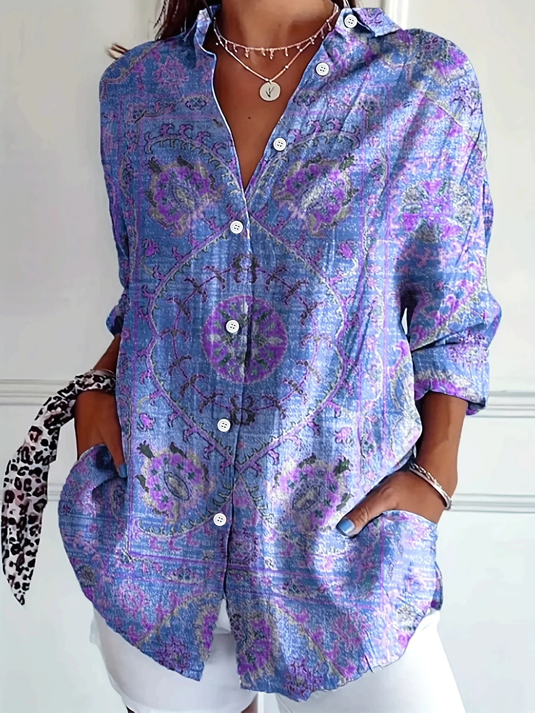 Vibrant Floral Print Women's Casual Long-Sleeve Button-Up Shirt | Decorative Buttons, All-Season Versatile Top, Casual Wear | IFYHOME