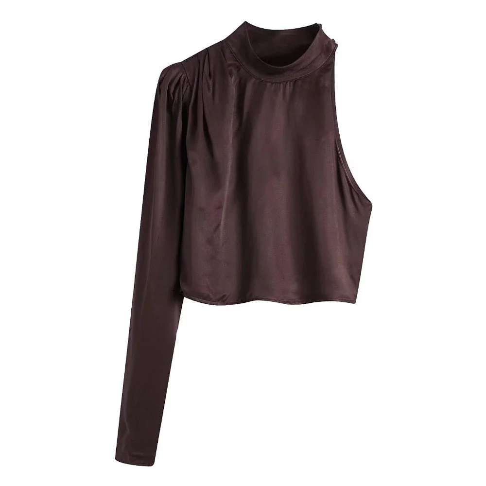 TRAF Women Fashion Asymmetric Soft Touch Crop Blouses Vintage One Long Sleeve Side Zipper Female Shirts Blusas Chic Tops