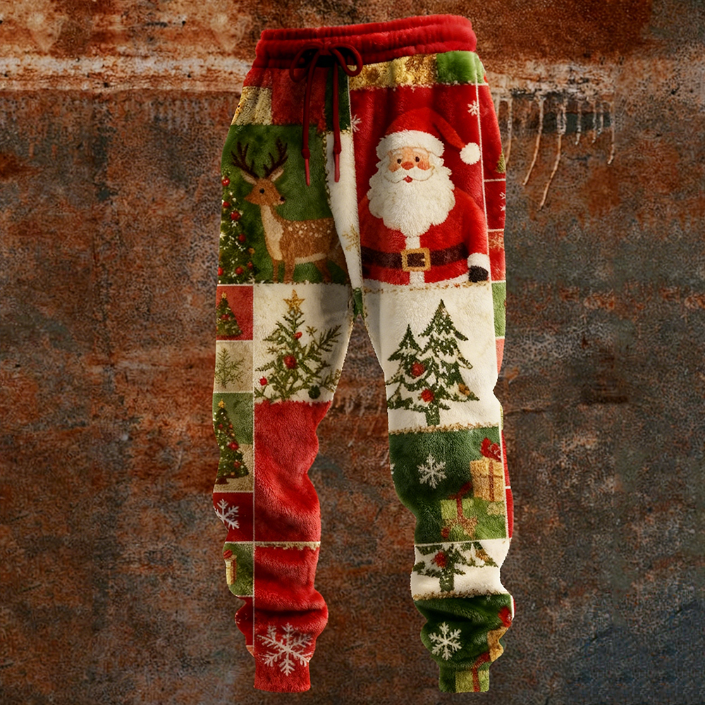 Men's Vintage Christmas Patchwork Art Cozy Plush Pants elevenforest