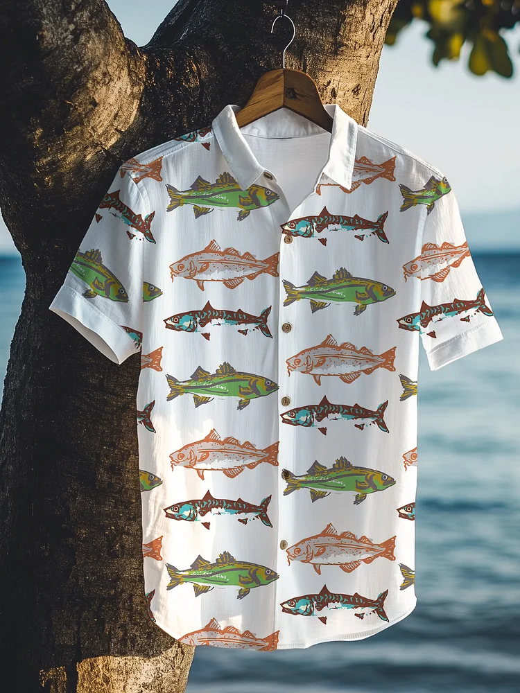 Men's Vacation Style Fish Pattern Print Short Sleeve Shirt