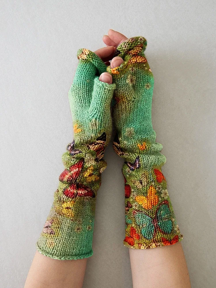 Color Butterfly Green Background Print Knit Fingerless Gloves