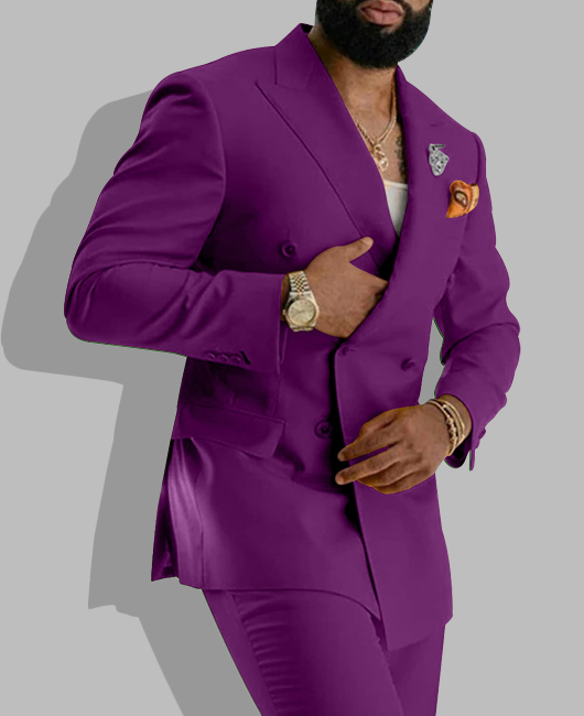 Business Solid Peaked Lapel Blazer & Pants 2Pcs Set - Purple-S