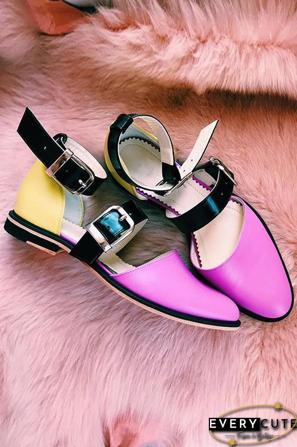Buckle Color Block Sandals Flats