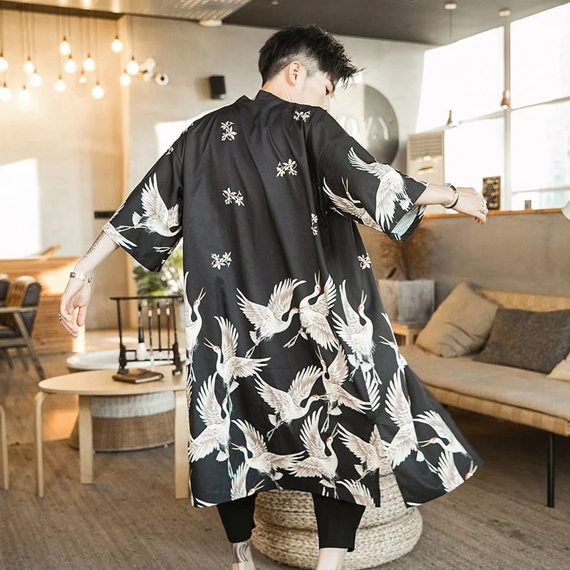 New Mens Loose Long Harajuku Trench Jacket Men Chinese Style Long Trench 2020 Male Summer Fashion Printed Open Stitch Coat Thin