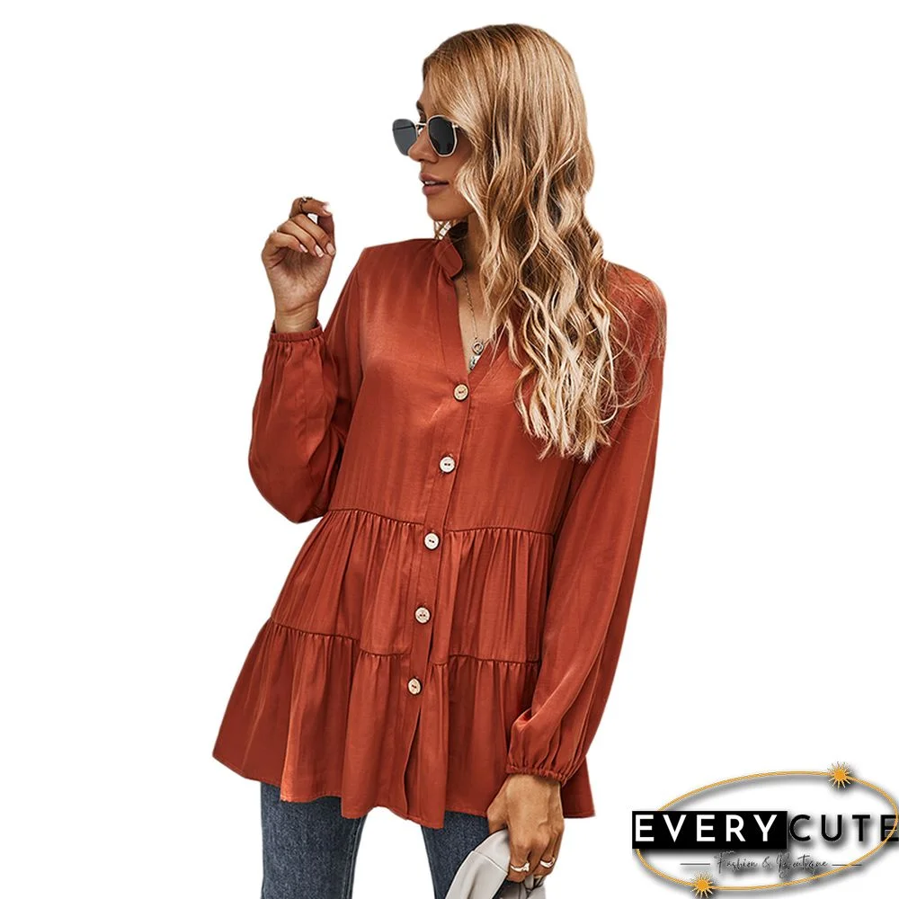 Rust Red Button Pleated Long Sleeve Blouse