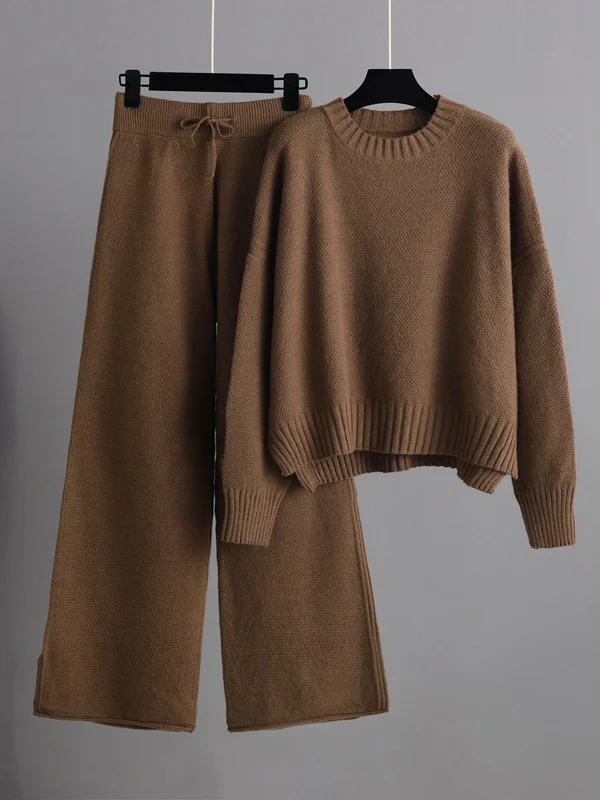 Urban Loose Long Sleeves Solid Color Round-Neck High-Low Sweater Tops & Wide Leg Pants Suits 