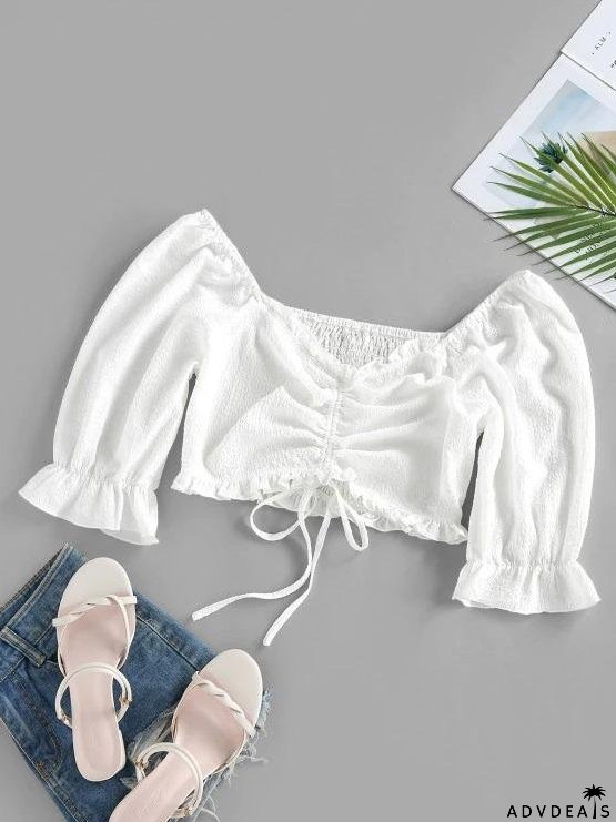 Crinkle Cinched Poet Sleeve Smocked Back Blouse