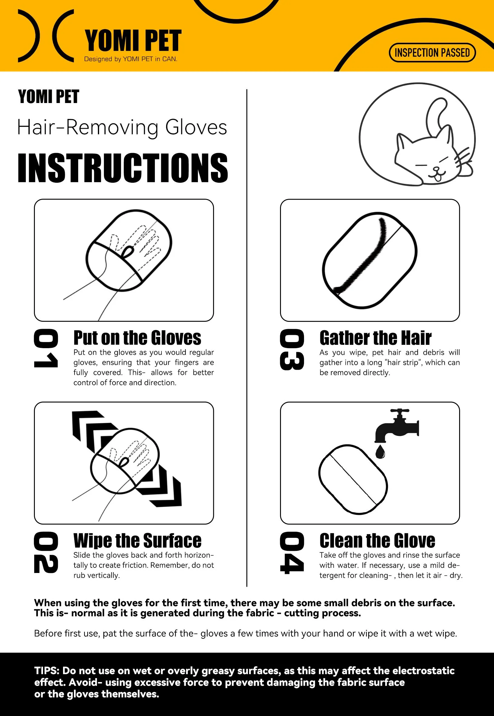 YOMI PET hair remover Electrostatic gloves Two-way brush sticky hair remover Cat hair dog hair glover Grooming   Removal   Cleaning