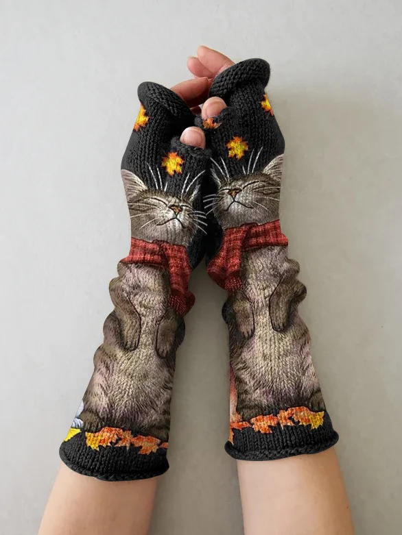 （Ship within 24 hours）Retro cat casual print knit fingerless gloves