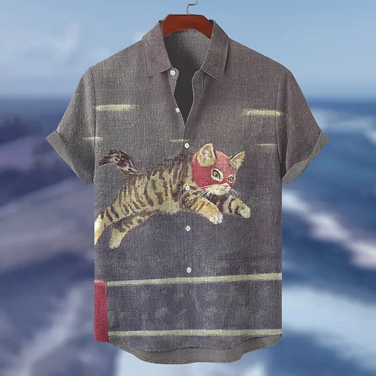 Simpfit Freizeithemd mit „Cat Jumps High“-Kunstdruck für Herren