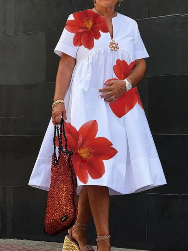 Pleated Flower Print Short Sleeves Loose V-Neck Midi Dresses