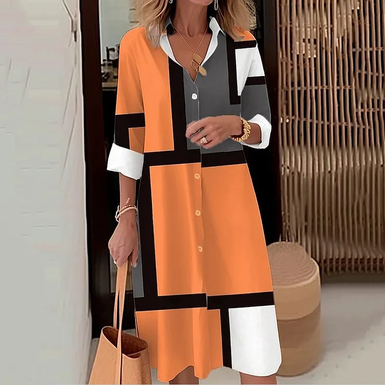 Casual Geometric Square Long-Sleeved Casual Loose Dress