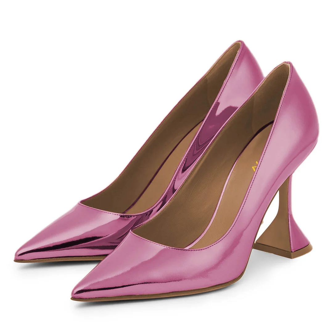 YDN Simple Pink Metallic Finish Slip-On Pointed Toe Heels
