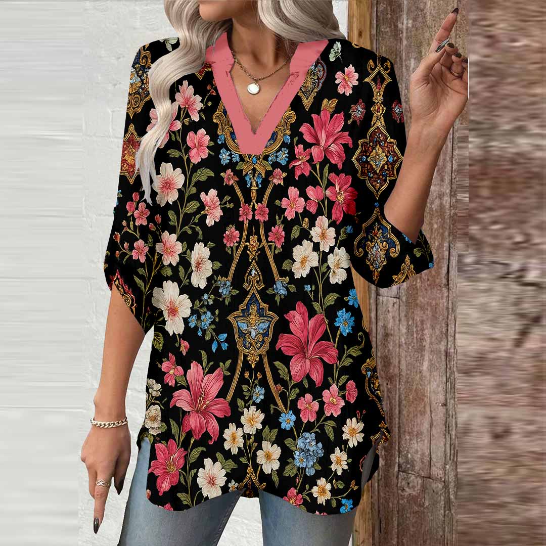 Women Floral,Black,Red DZGA0253 3/4 Sleeve V-neck Printed Graphic Button Tops
