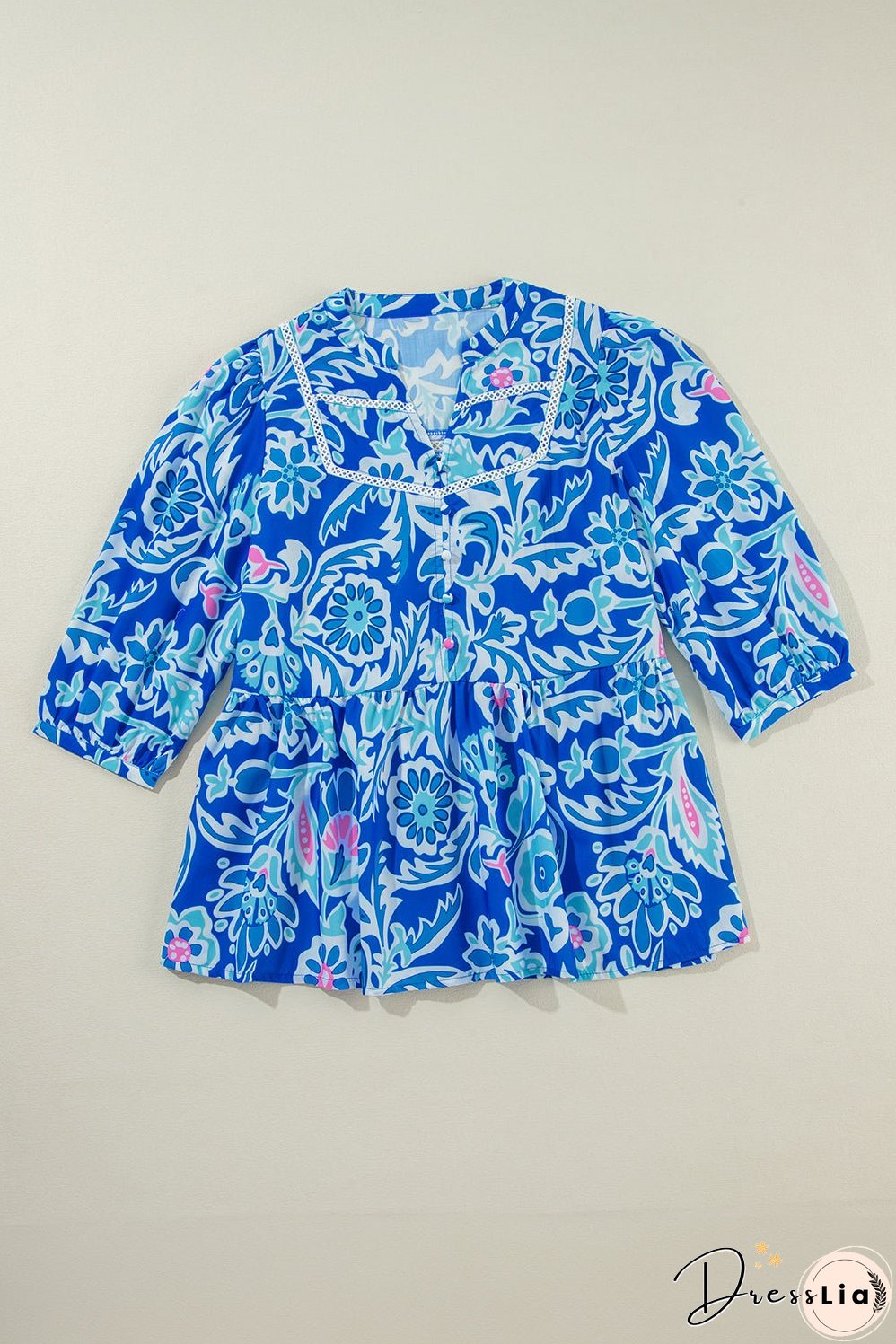 Blue Mix Floral Printed Lace Detail Bracelet Sleeve Blouse