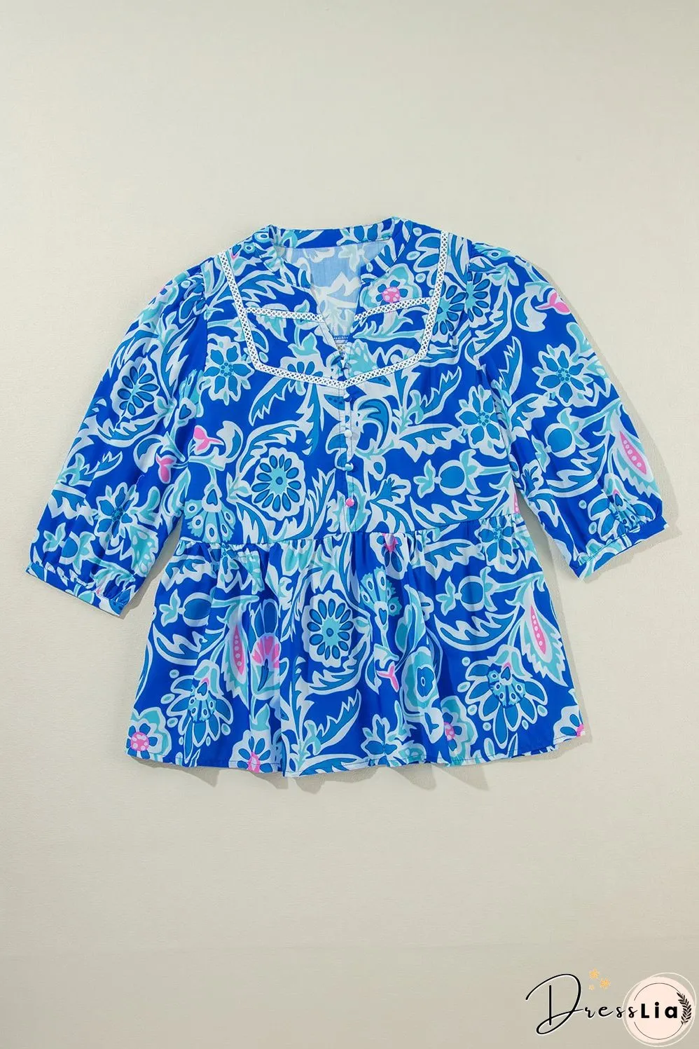 Blue Mix Floral Printed Lace Detail Bracelet Sleeve Blouse