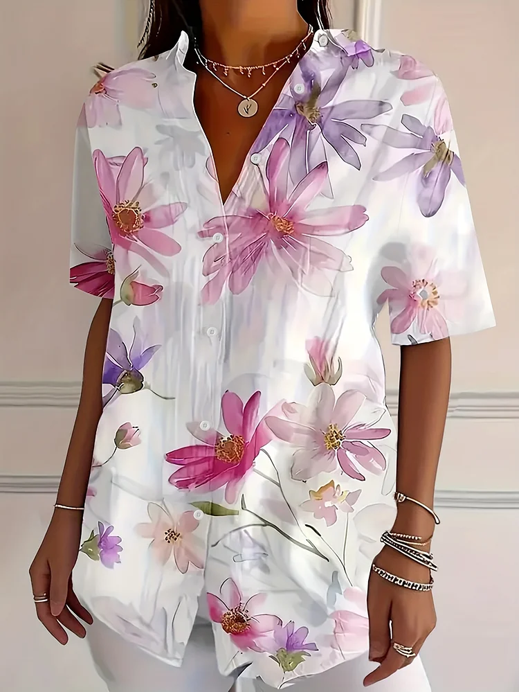 Vibrant Floral Plus Size Women's Short Sleeve Button-Up Shirt | Casual Hawaiian Collar Blouse With Lightweight Summer Top For Casual Attire