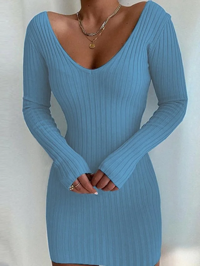 Women's Sweater Dress Winter Dress Bodycon Blue Pink Navy Blue Gray White Black Long Sleeve Pure Color Knit Winter Fall V Neck Elegant Classic 2022 S M L XL Sheath Dress | IFYHOME