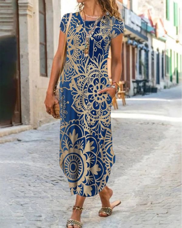 Round Neck Vintage Print Short-sleeved Maxi Dress