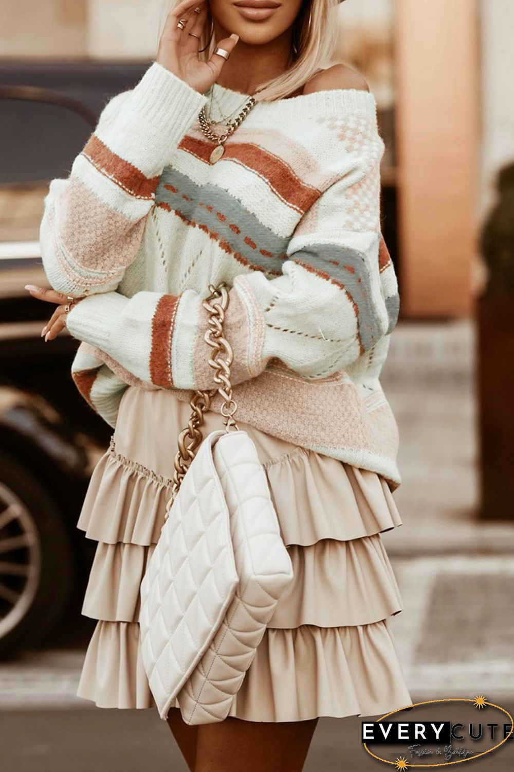 White Striped Colorblock Knit Sweater