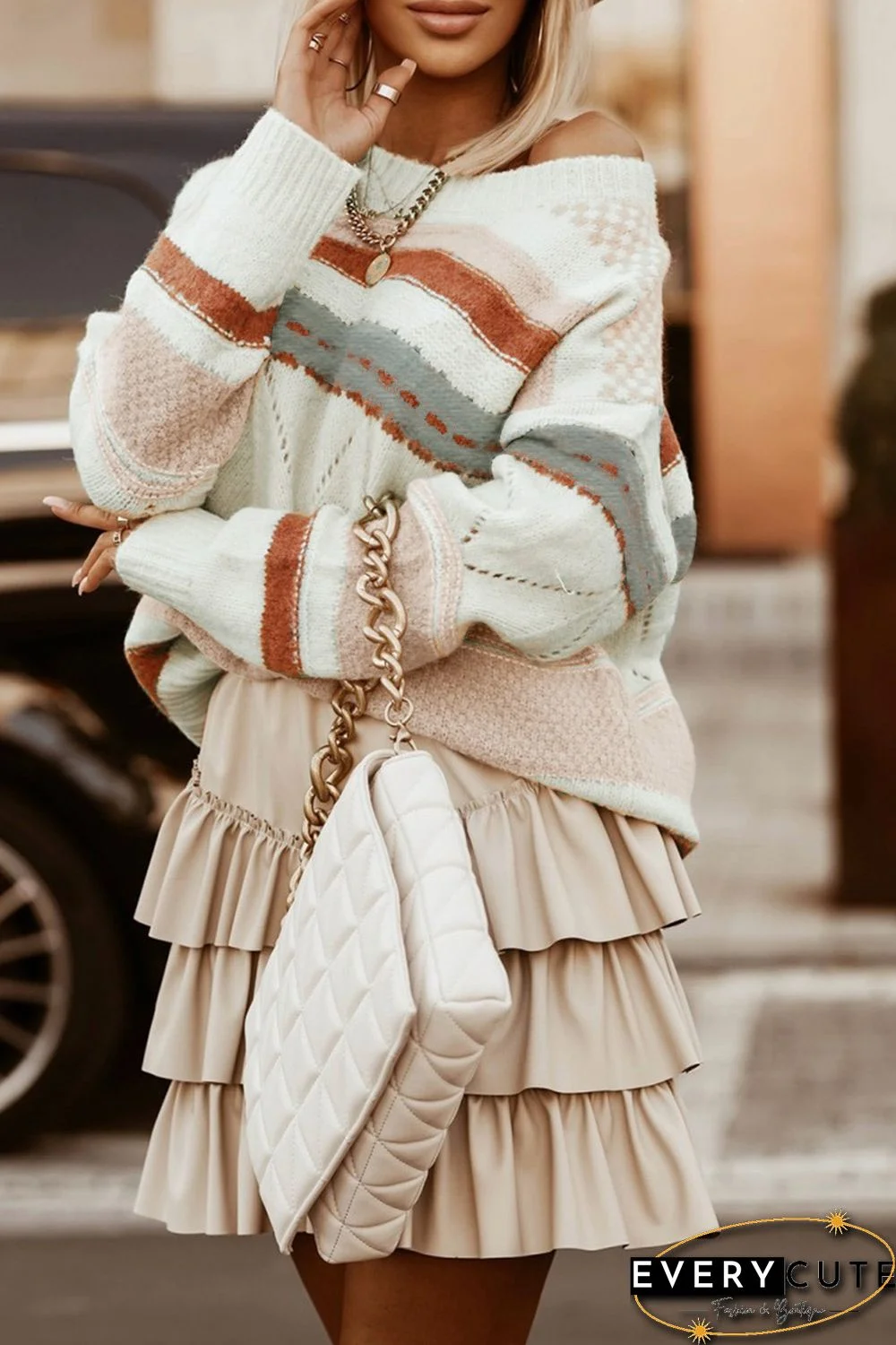 White Striped Colorblock Knit Sweater