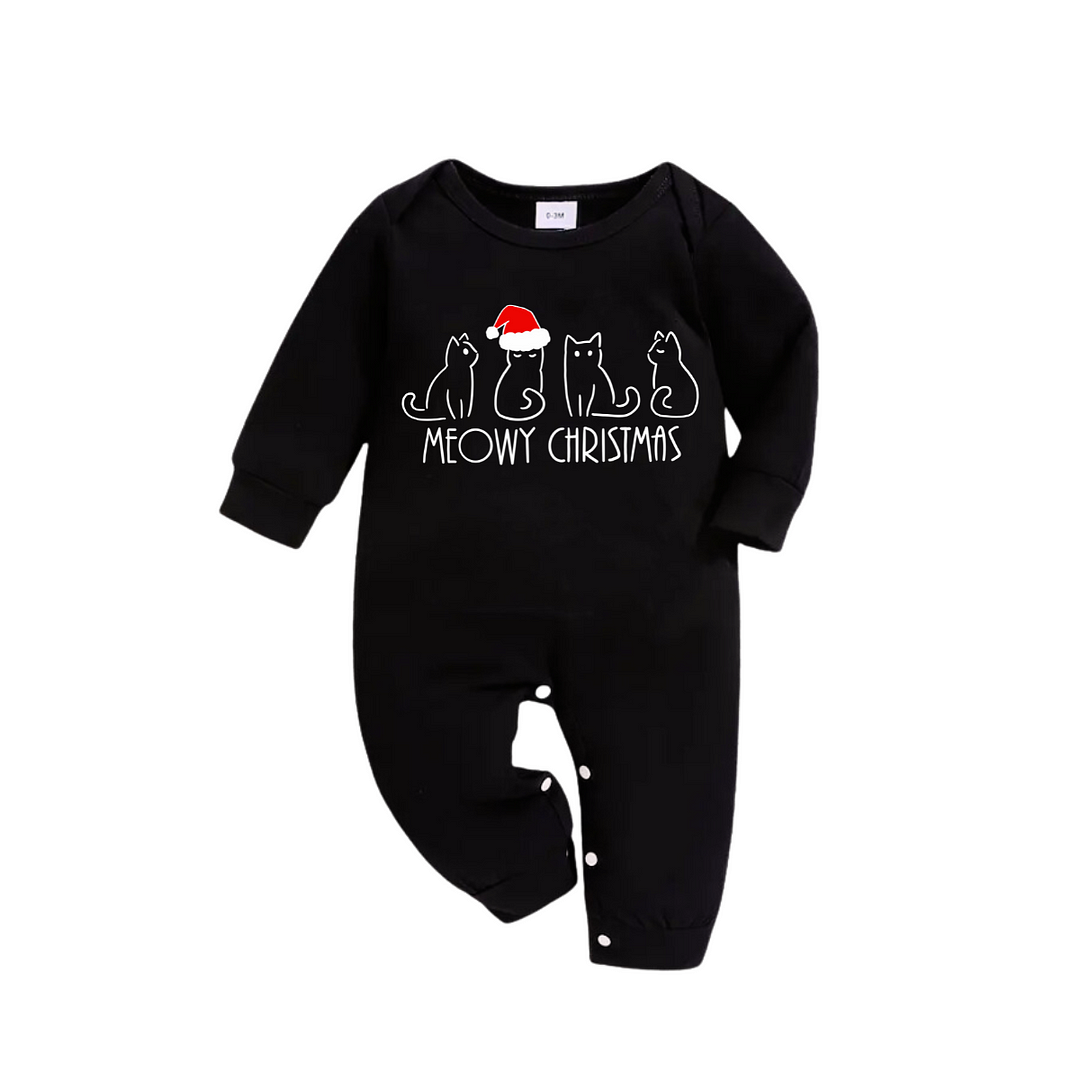 Christmas Cartoon Cat Print Black Long Sleeve Top with Green and Black Plaid Family Matching Pajamas