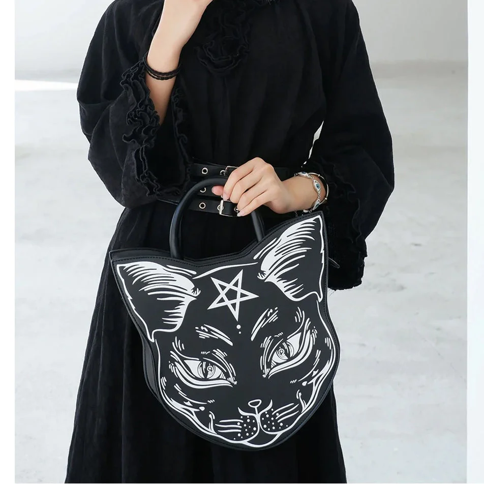Gothic Cat Design Handbag, Cool Sphynx Petagram Purse For Women