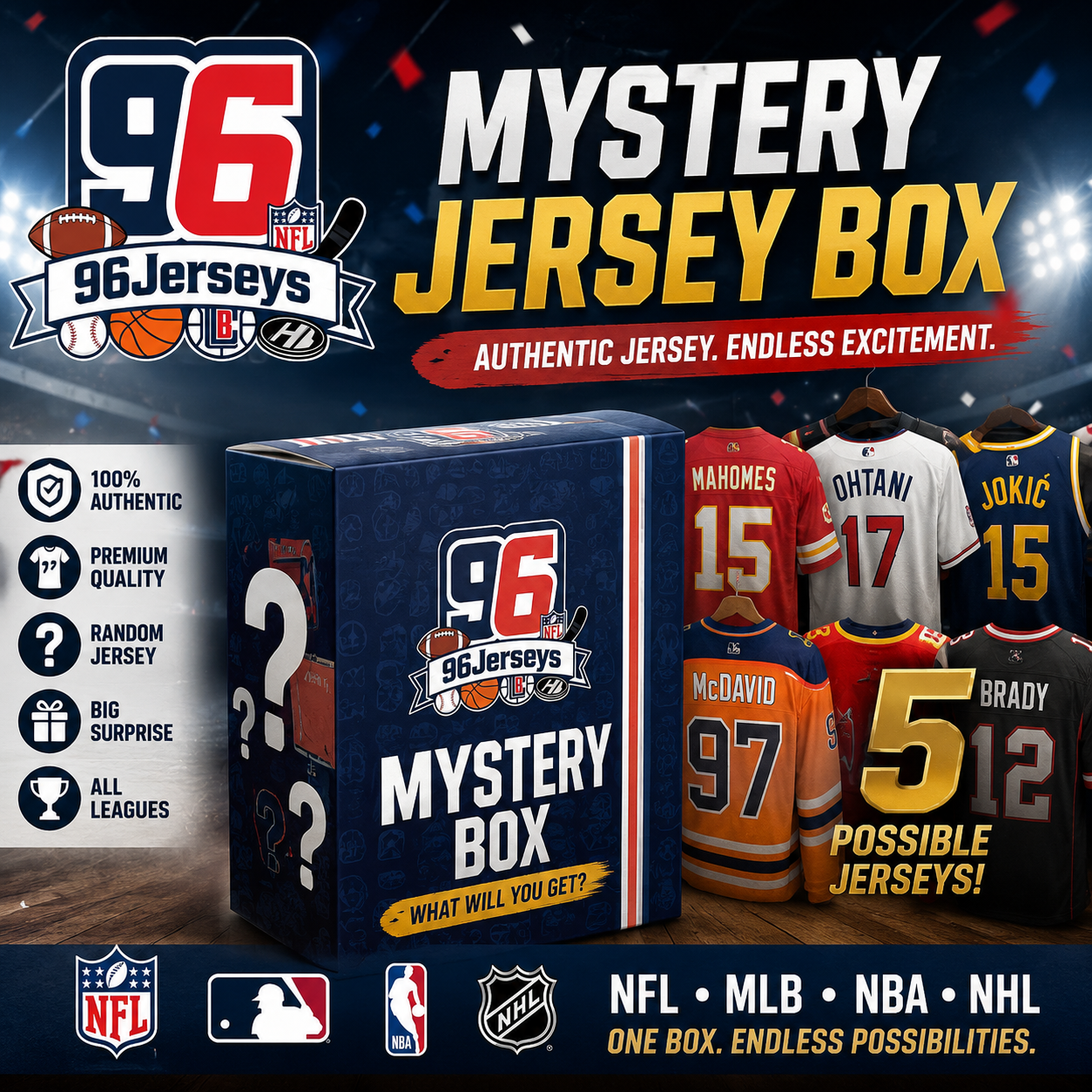 Premium Mystery Jersey Box &ndash; Random NFL, NBA, MLB & NHL Jerseys