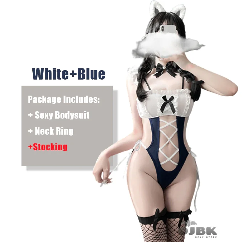 Billionm Maid Cosplay Outfit For Women Kawaii Cat Costumes Hollow Out Sleeveless Halter Japanese Swimsuit One Piece Bodysuit 2021