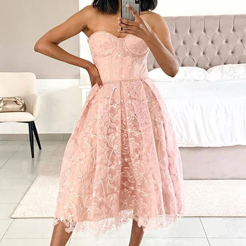 Elegant Floral Embroidery Lace Solid Long Dress Women Sexy Off Shoulder Strapless Waist Party Dress Fashion Backless Zip Dresses