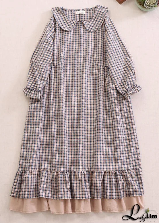 Beautiful Red Plaid Peter Pan Collar Ruffled Cotton Dresses Spring