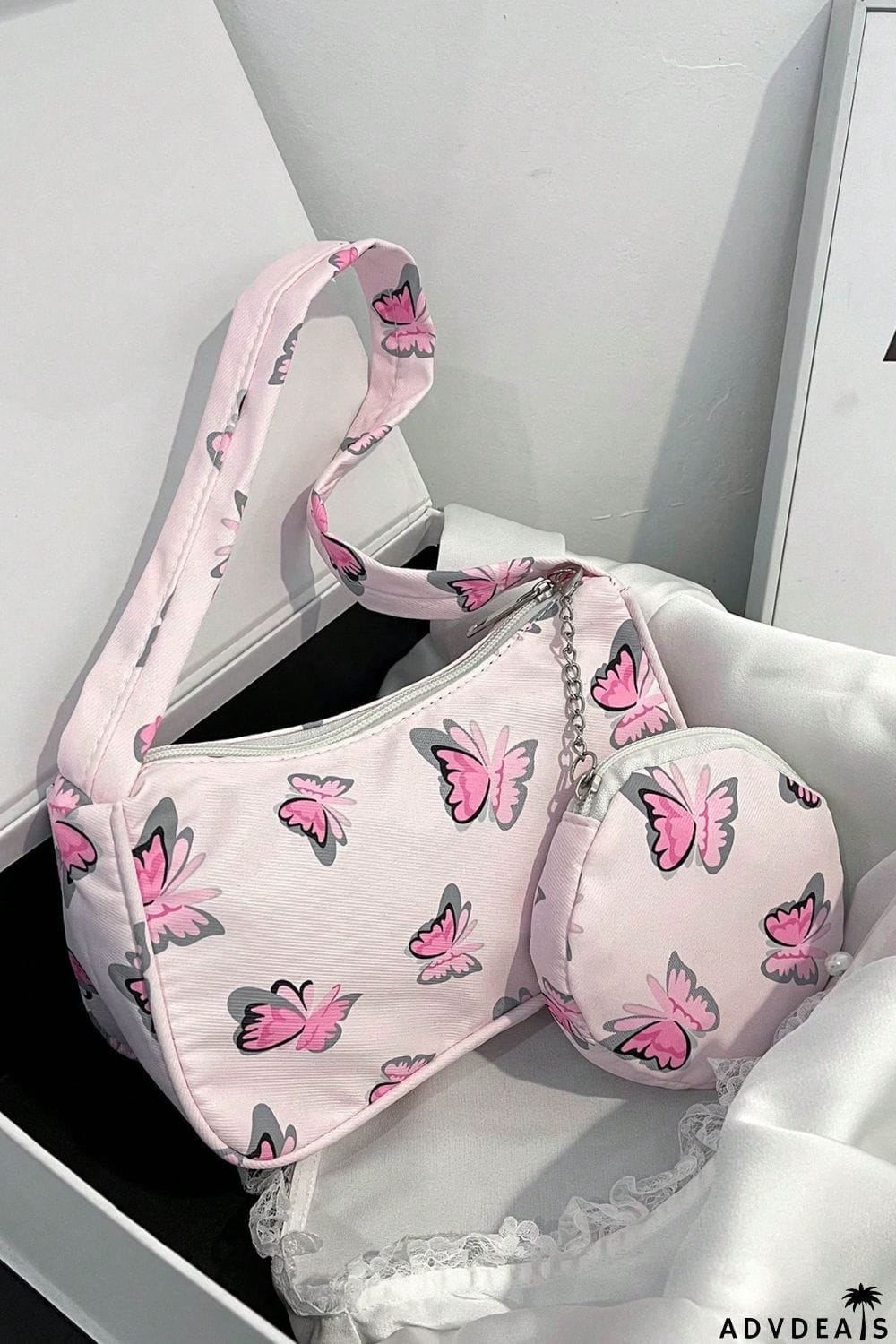 Butterfly Print Shoulder Bag with Purse