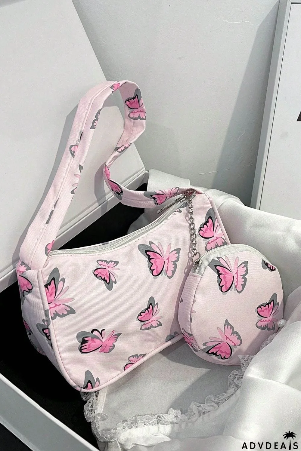 Butterfly Print Shoulder Bag with Purse