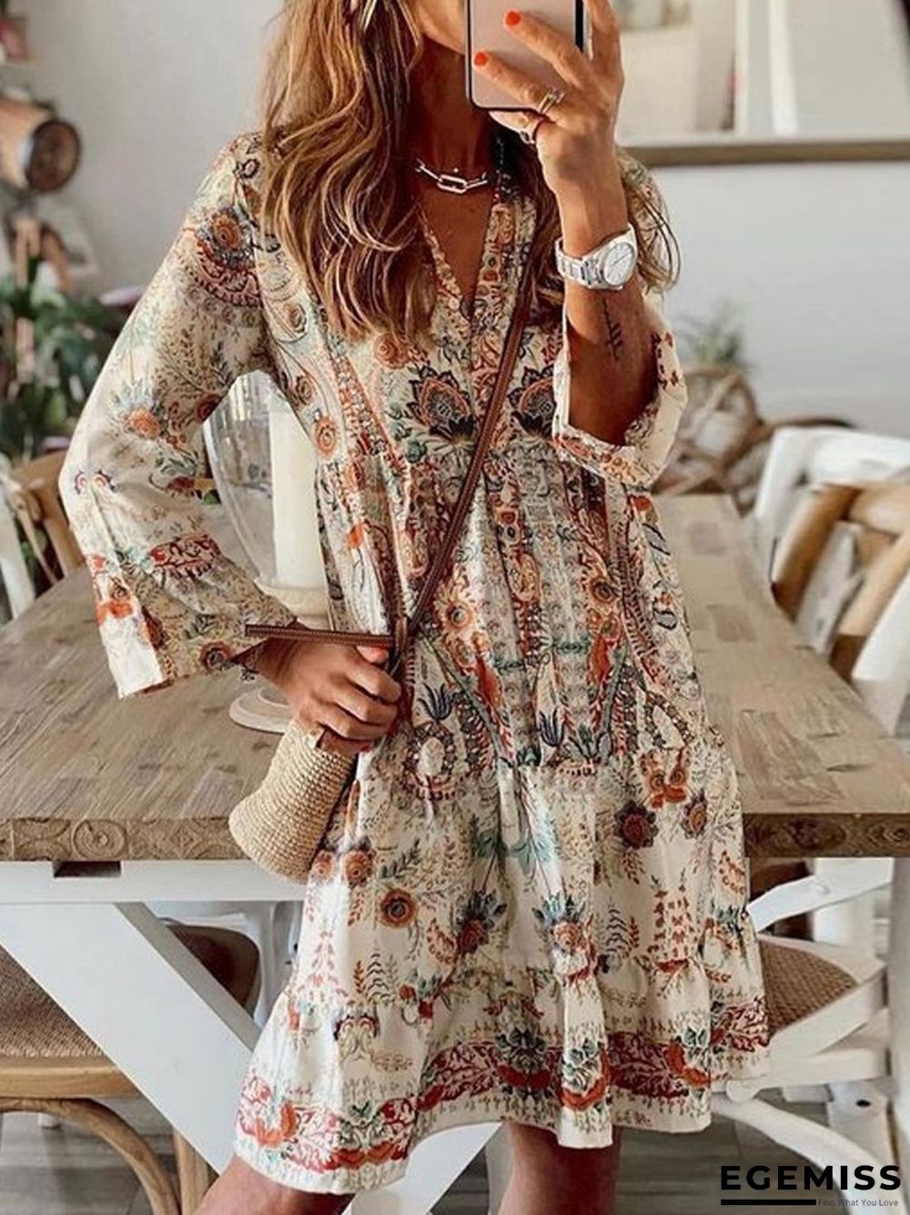 High-waisted Printed Pullover Improved Skin Tone  Short Skirt Middle Sleeve | EGEMISS