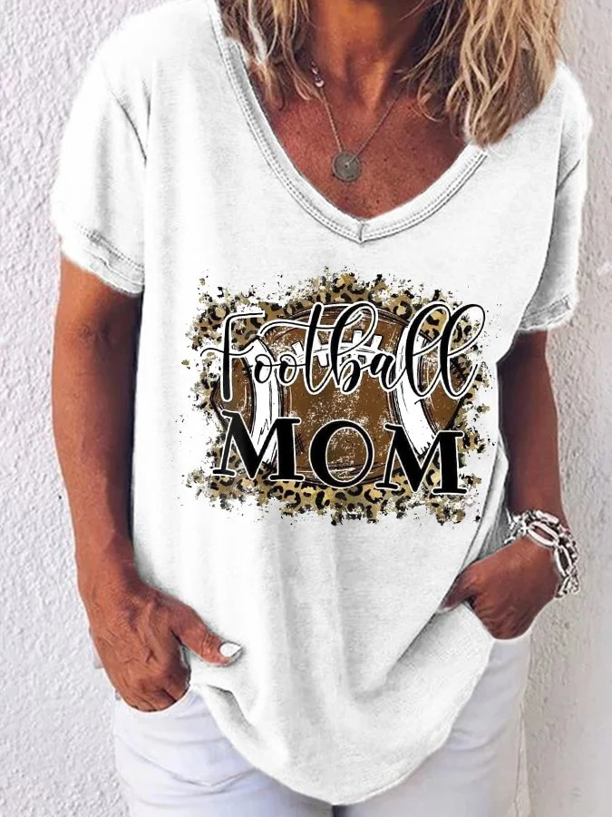 Women's Leopard Football Mom Casual V-Neck Tee
