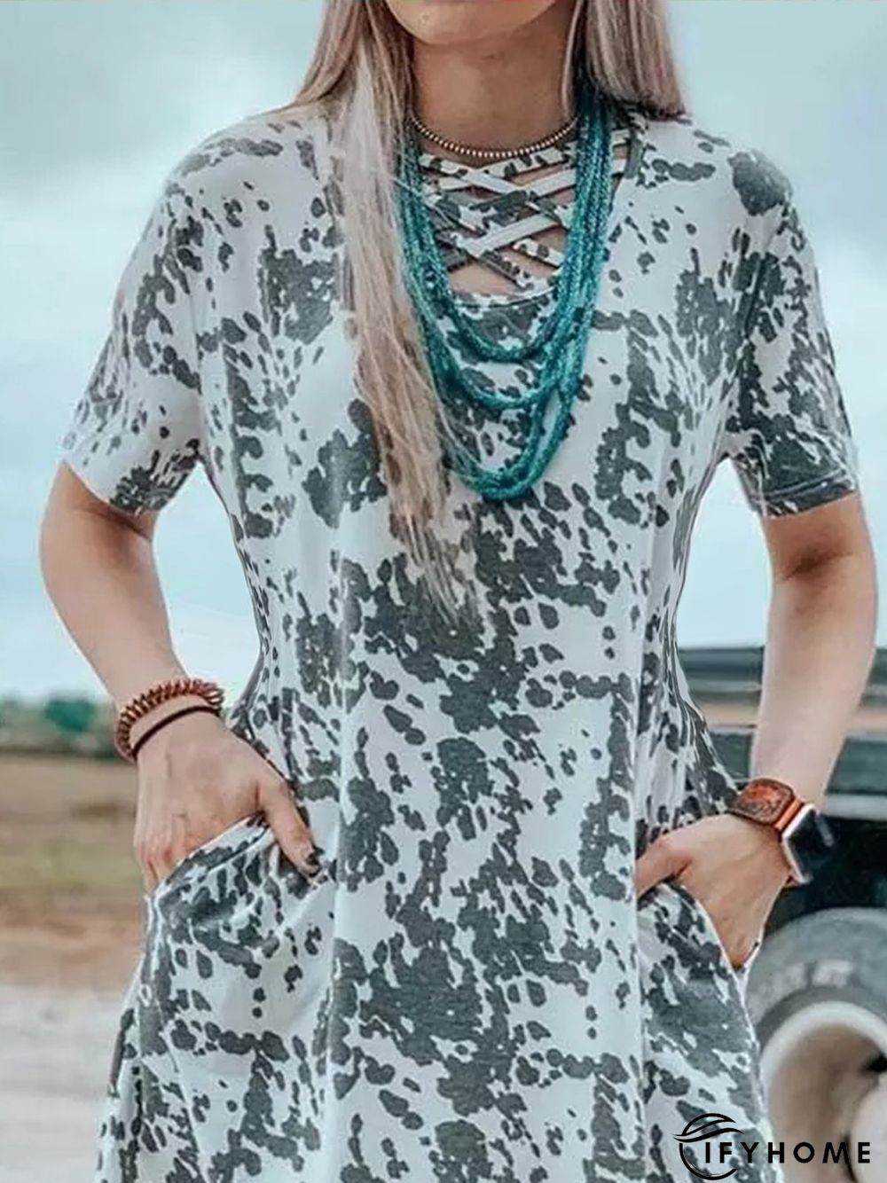 Casual Crew Neck Short Sleeve Animal Weaving Dress | IFYHOME