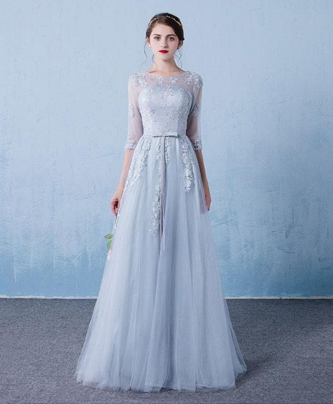 Gray Round Neck Tulle Lace Long Prom Dress, Gray Bridesmaid Dress