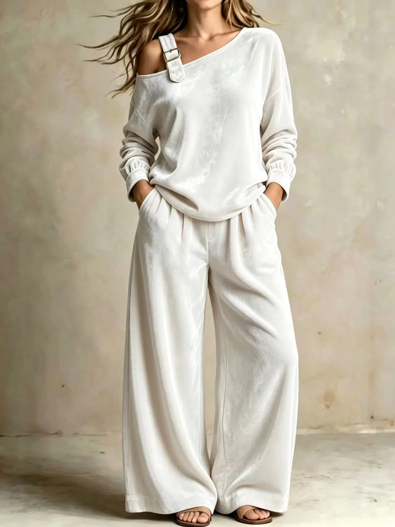 Women's Off Shoulder Buckle Strap Velvet Two Piece Outfit