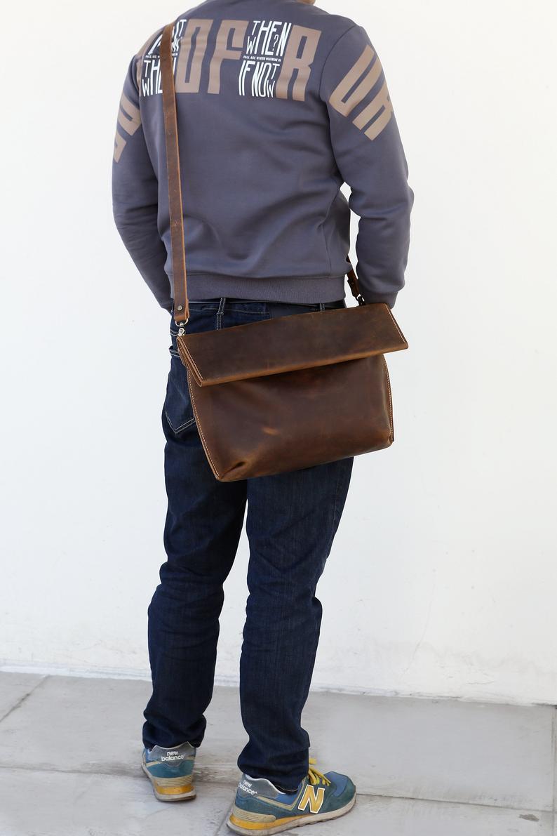 Vintage brown leather bag for men , rustic leather mens designer crossbody bags , mens leather messenger bag