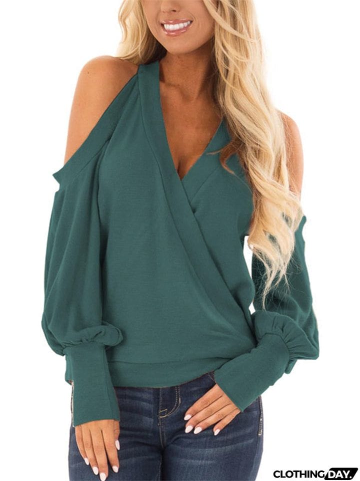 V-neck Cold Shoulder Lantern Sleeve T-shirt for Ladies