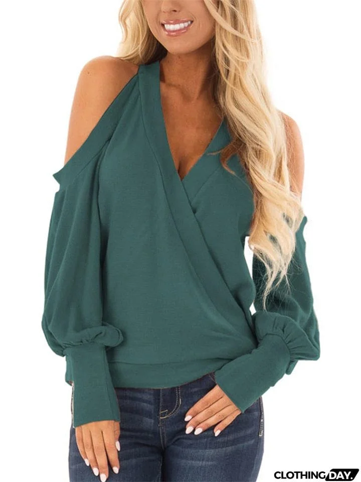 V-neck Cold Shoulder Lantern Sleeve T-shirt for Ladies
