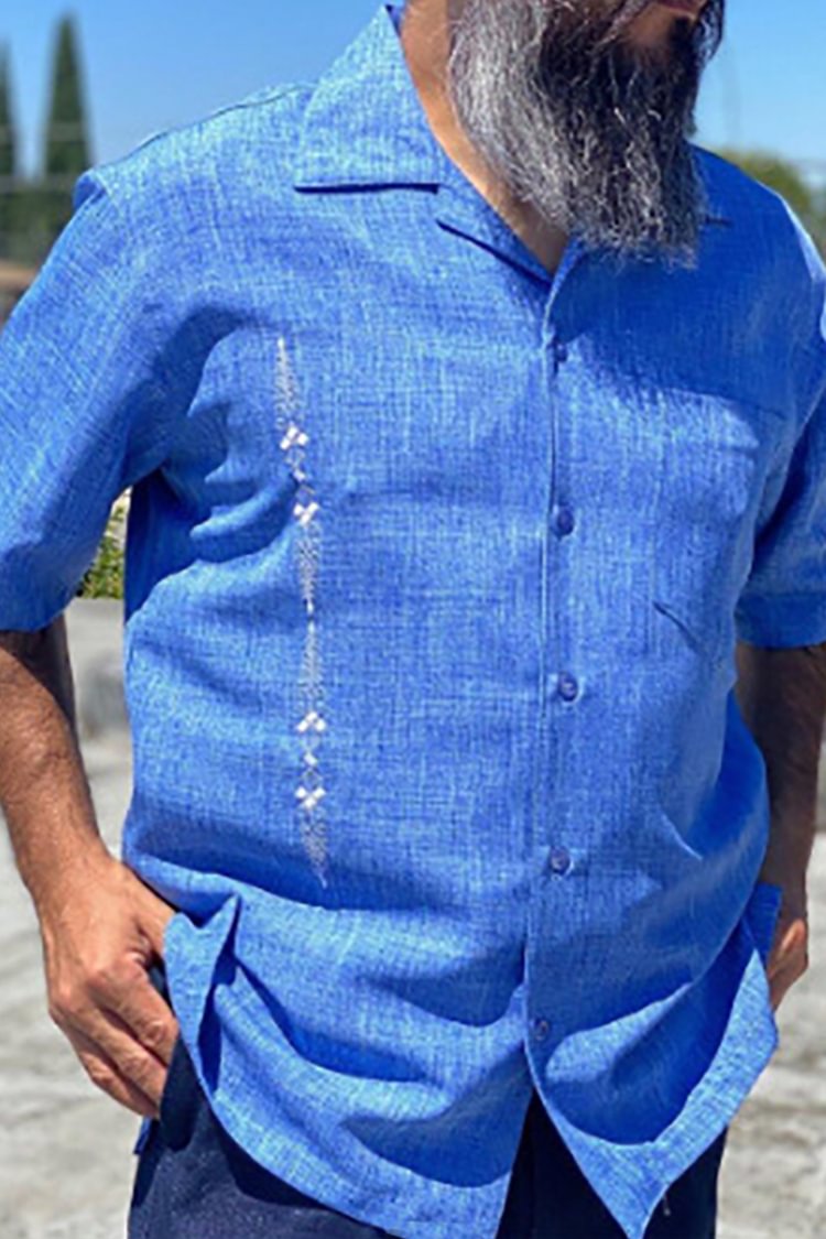 Casual Blue Men'S Bowling Shirt