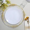 10 Pack | 10" Glossy White Round Plastic Dinner Plates With Gold Rim, Disposable Party Plates