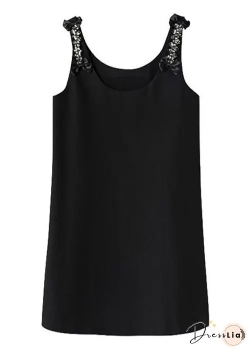 Italian Black O-Neck Zircon Patchwork Cotton Mid Dress Sleeveless
